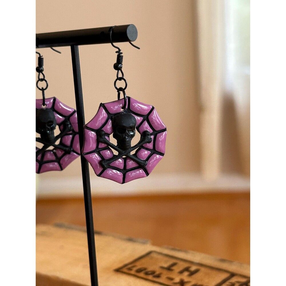 Purple‎ Spiderweb Skull Crossbones Polymer Clay Earrings Spooky Season Halloween